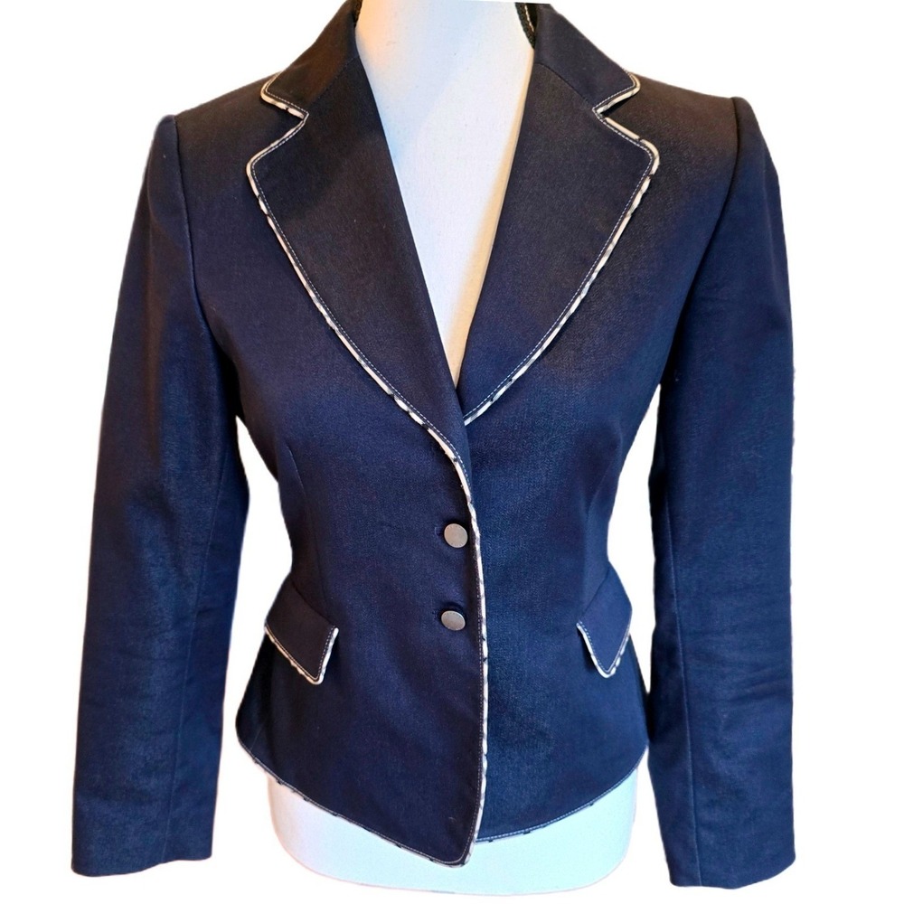 Tahari ASL Petite Blazer 2P Navy Contrast Stitch Y2K Career Office Fitted Jacket